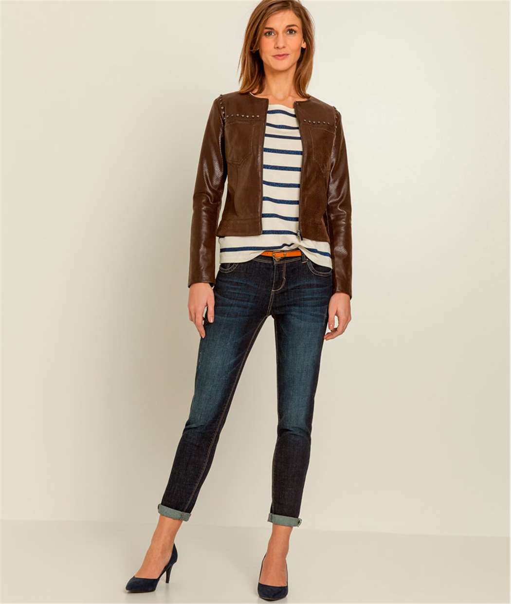 Veste femme faux cuir python clouté MARRON