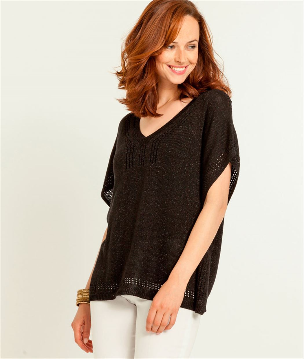  Pull  femme  poncho  ajour  NOIR Grain de Malice