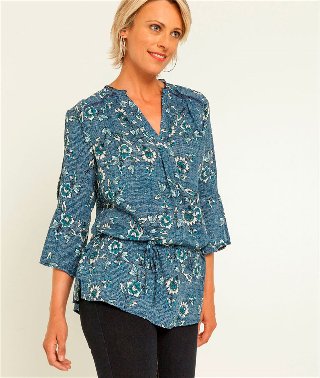 Chemisier femme imprimé denim et fleurs BLEU - Grain de Malice