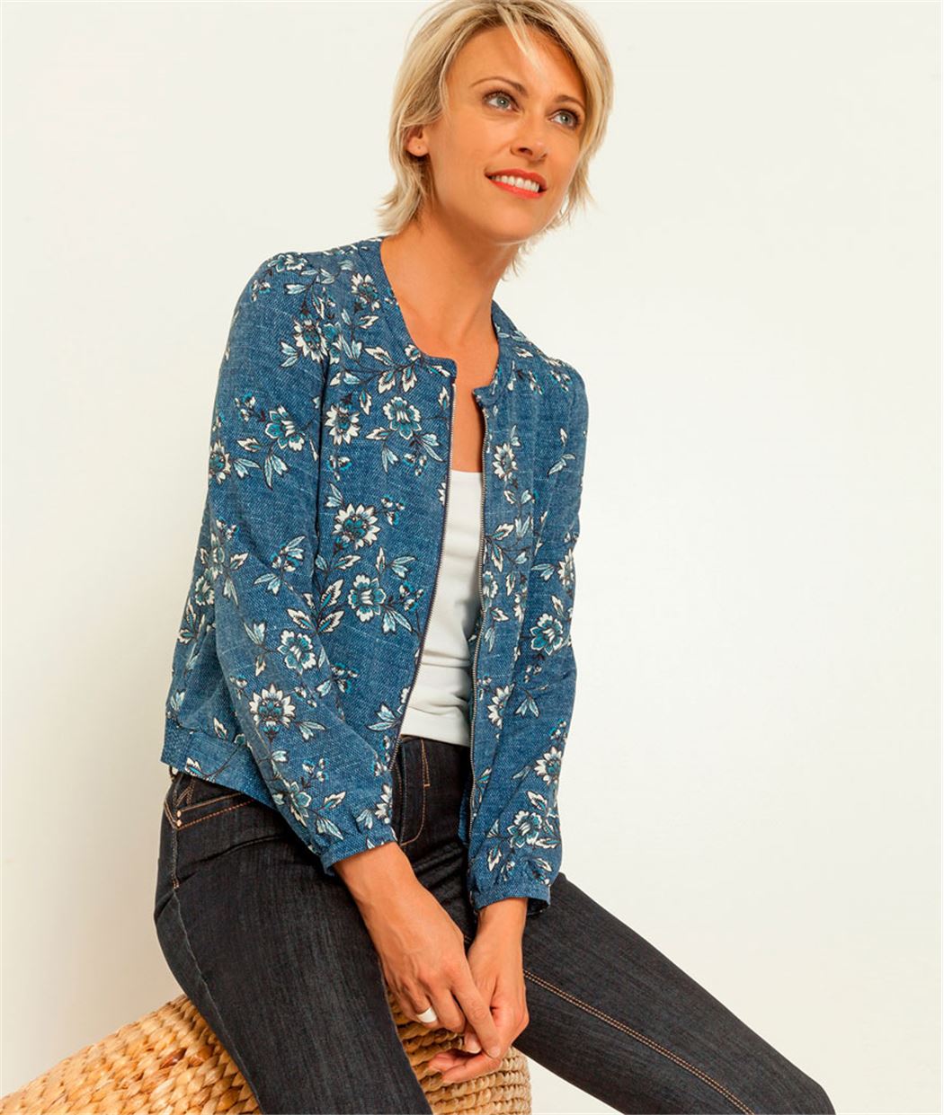 Bomber femme imprimé fleurs BLEU - Grain de Malice