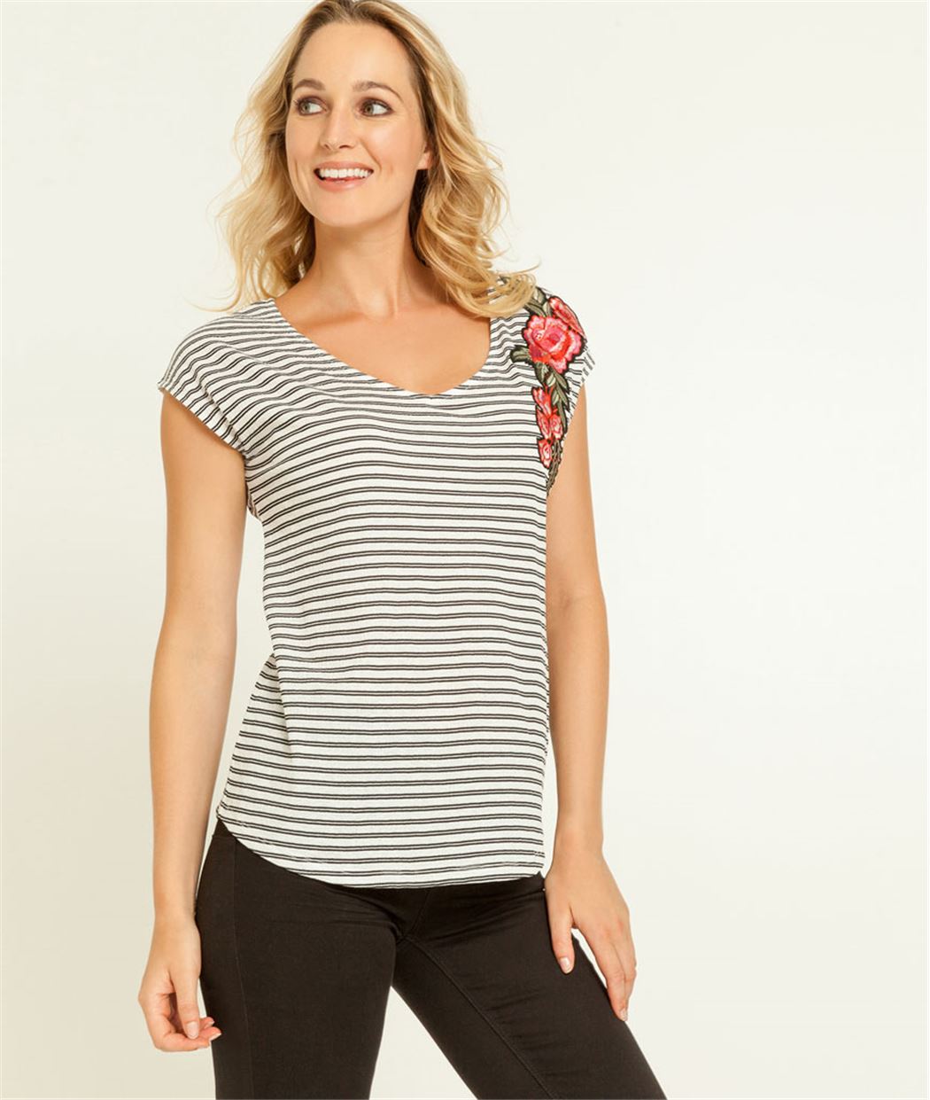 T-shirt femme rayé et brodé fleurs ECRU