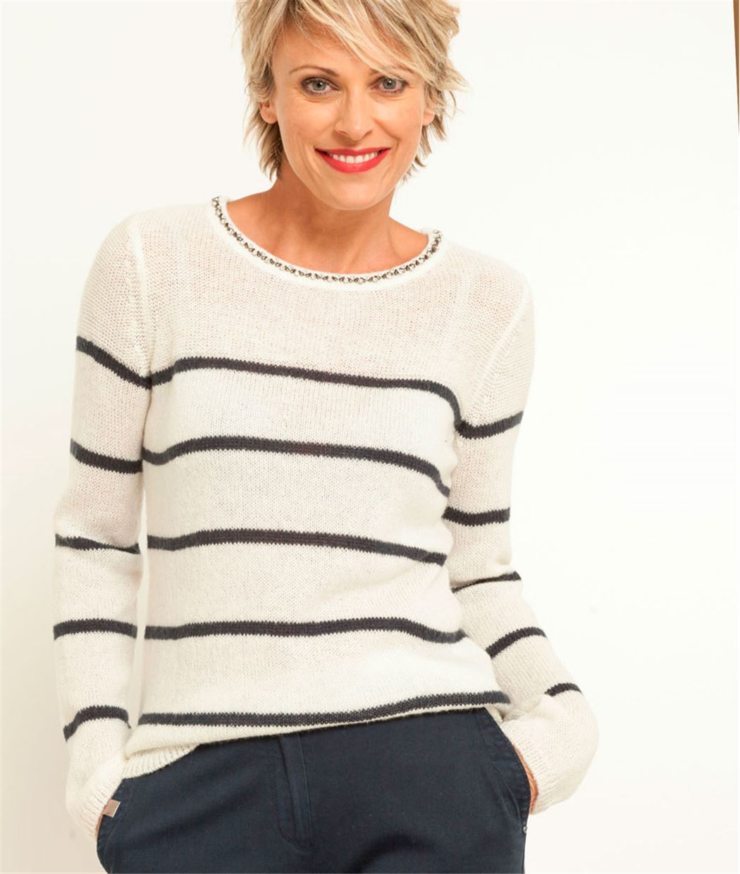 Pull femme rayé col bijoux MARINE