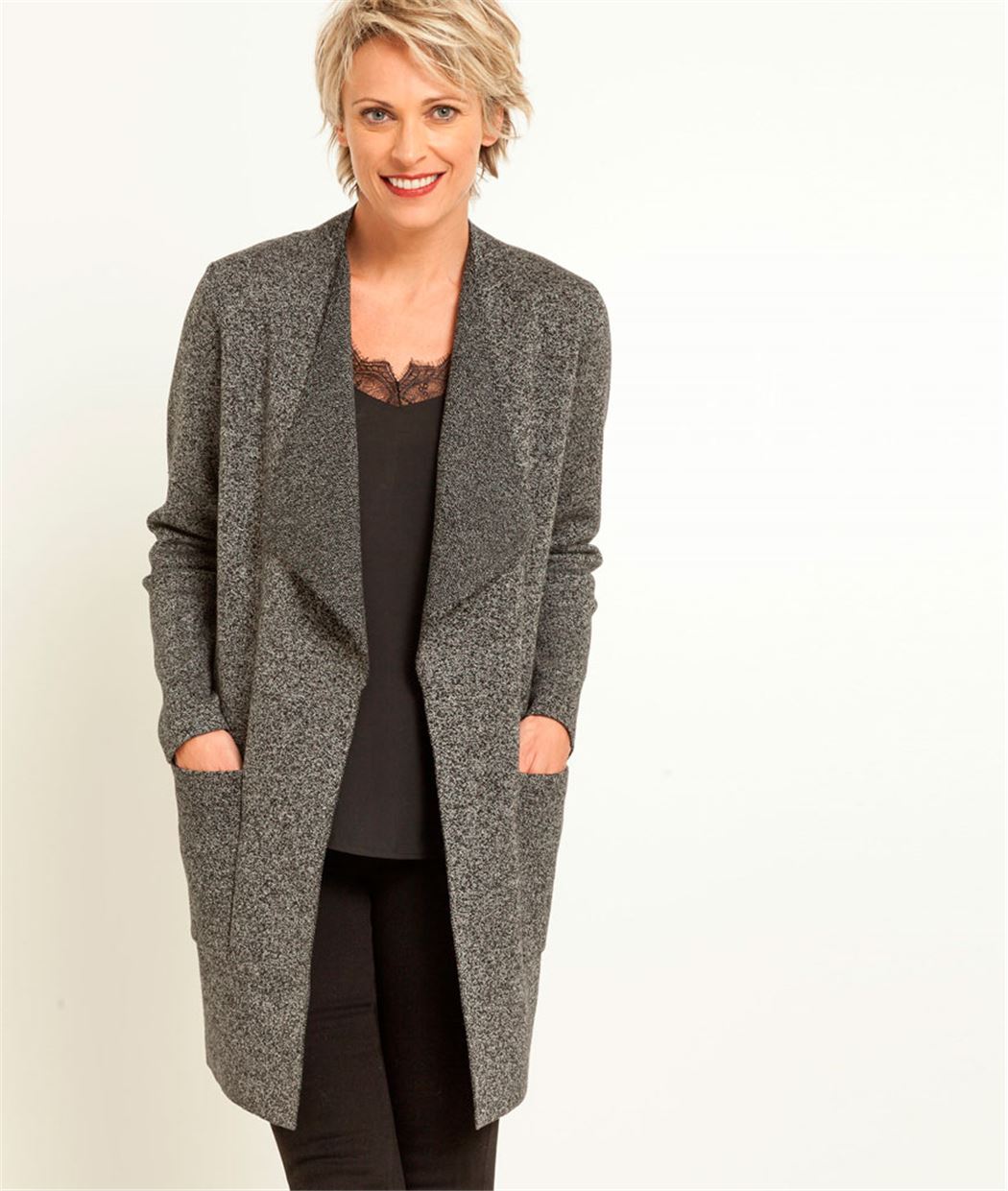 Long gilet femme gris ceinturé NOIR