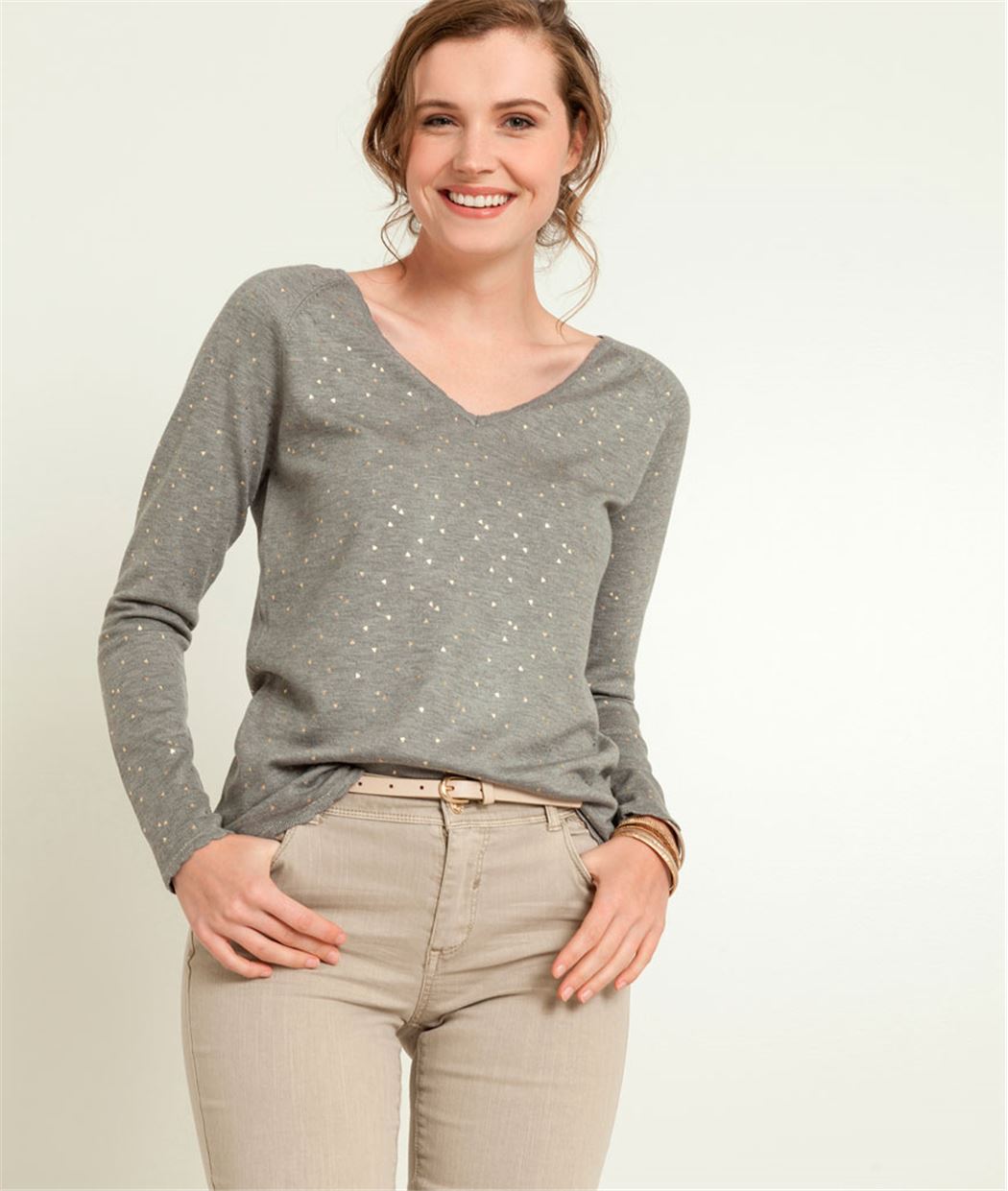 Pull femme imprimé doré GRIS