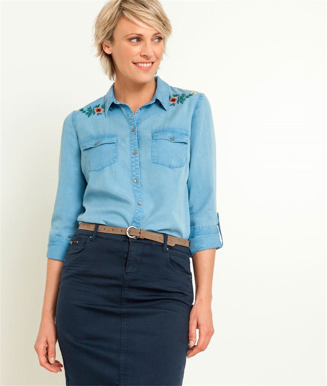 Chemise femme fluide broderies fleurs BLEU