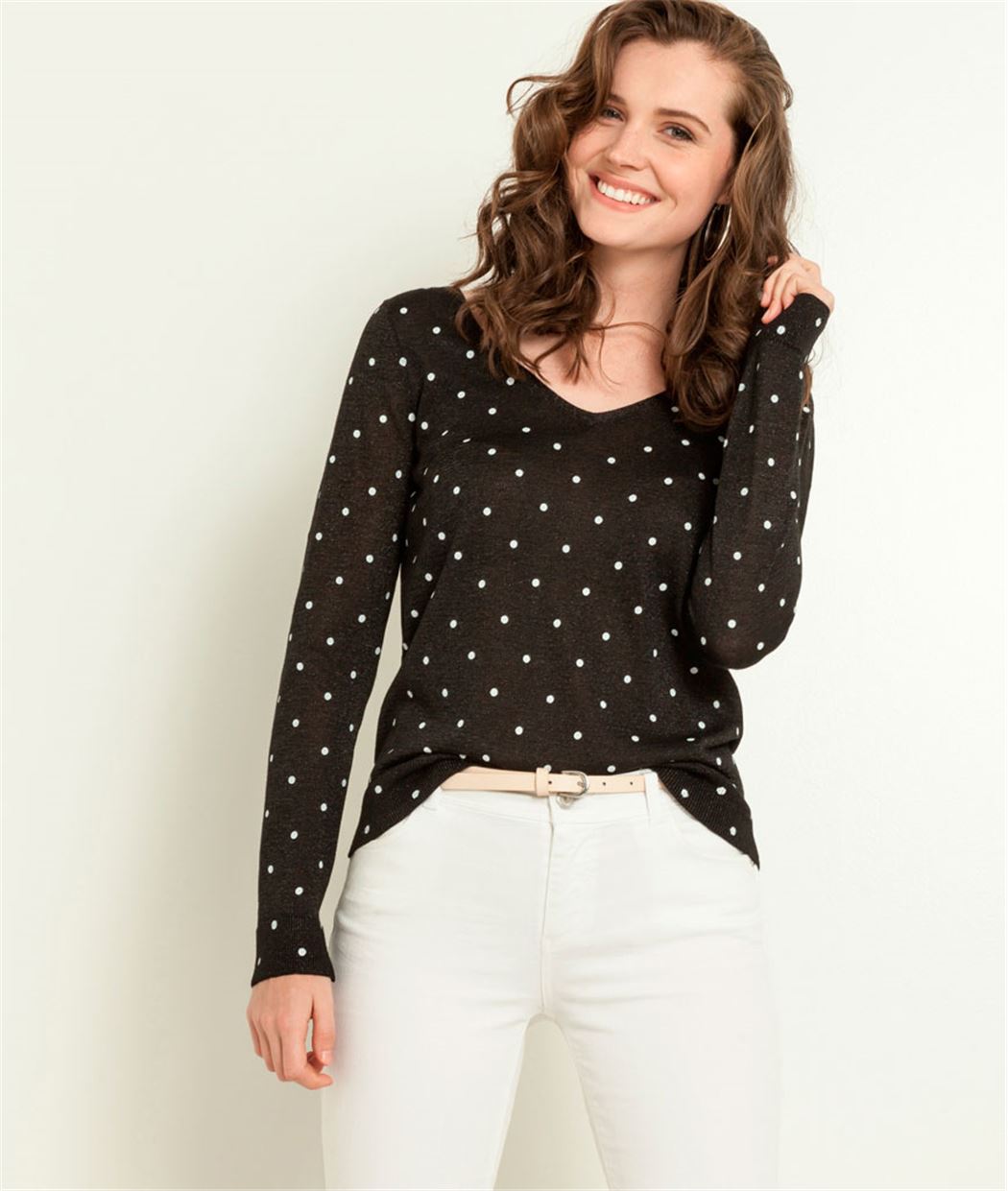 Pull femme dos V et imprimé pois NOIR