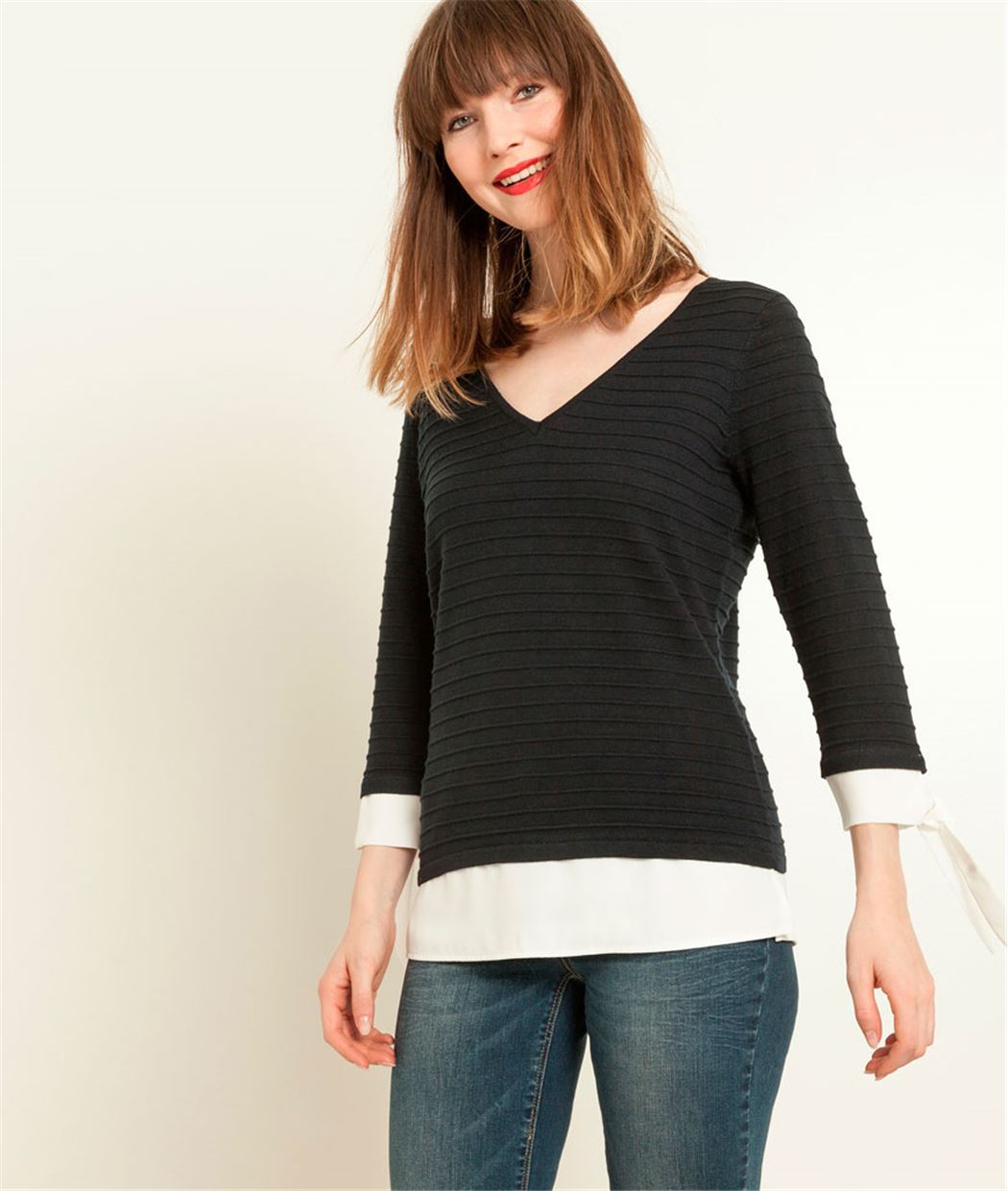 Pull femme bi matière et noeuds manches MARINE
