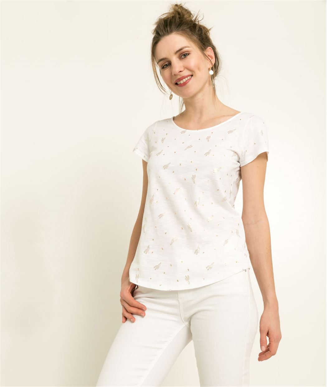 T-shirt femme imprimé micro motifs BLANC