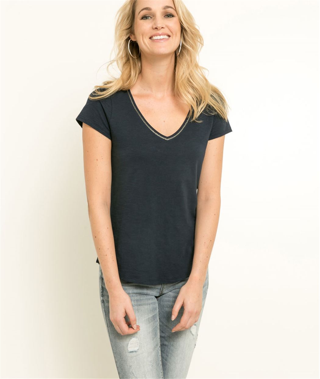 T-shirt femme uni manches courtes MARINE