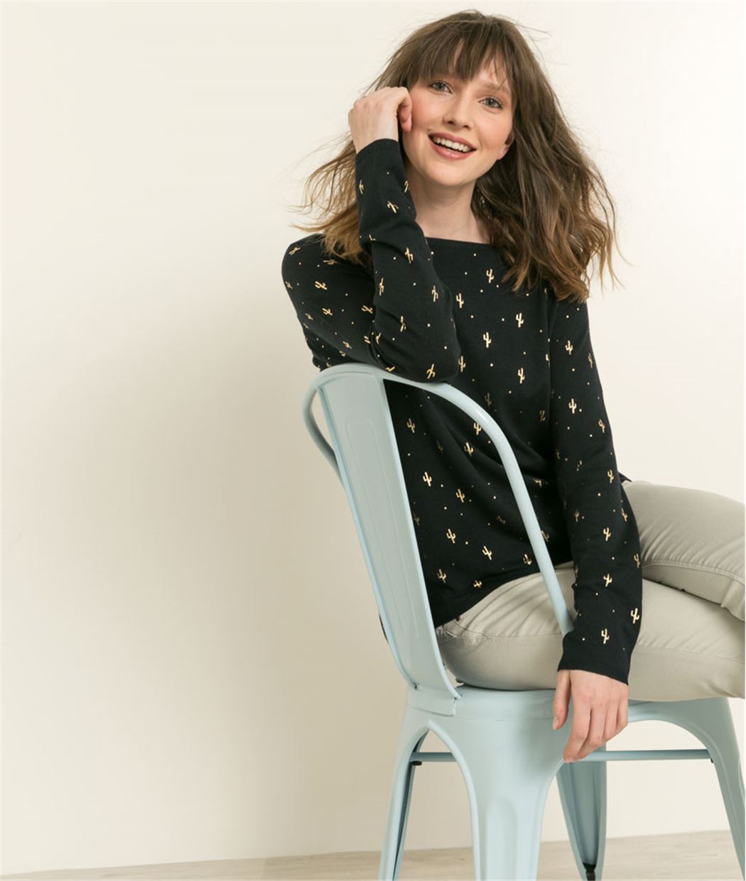 Pull femme imprimé cactus MARINE