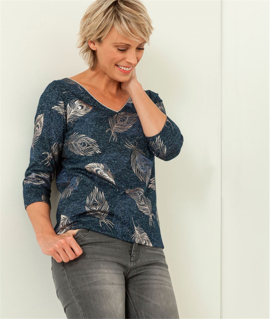 T-shirt femme imprimé plumes MARINE