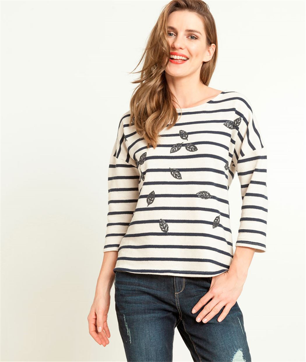 Sweat femme marinière et feuilles ECRU