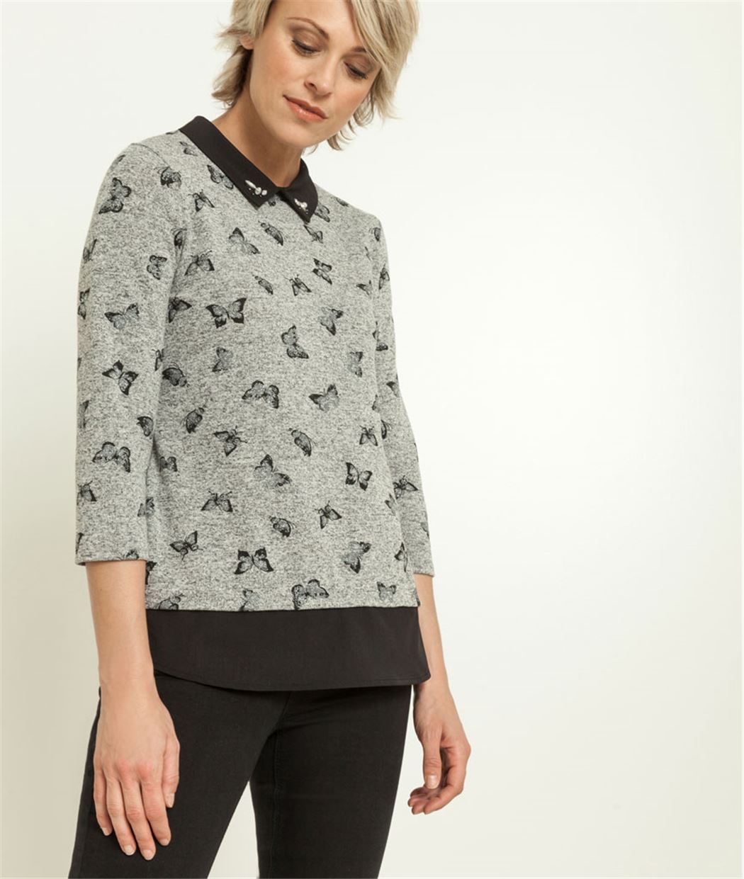 T-shirt femme 2 en 1 imrpimé papillons GRIS