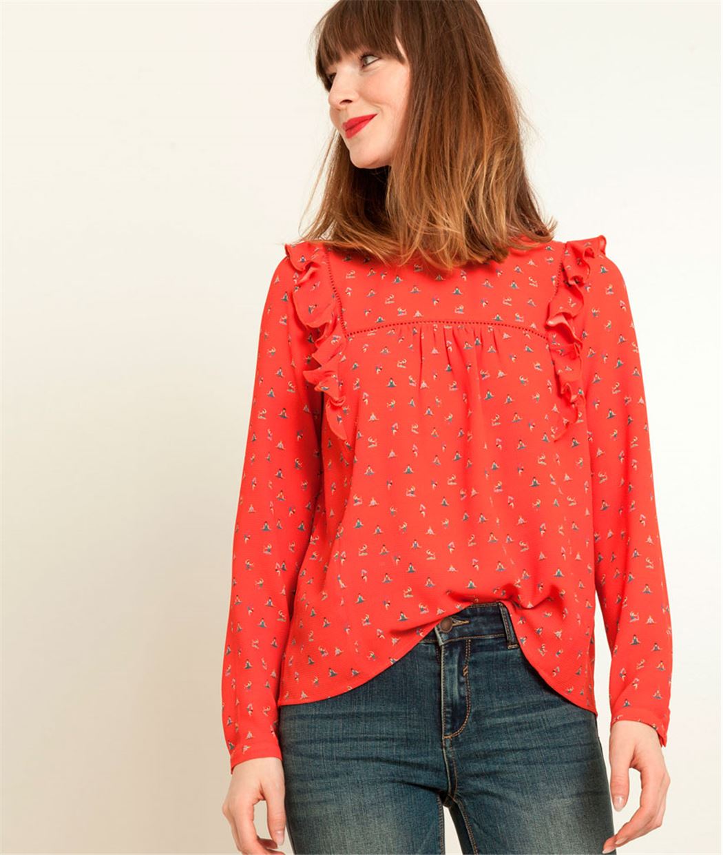 Chemisier femme imprimé épaules volants ROUGE