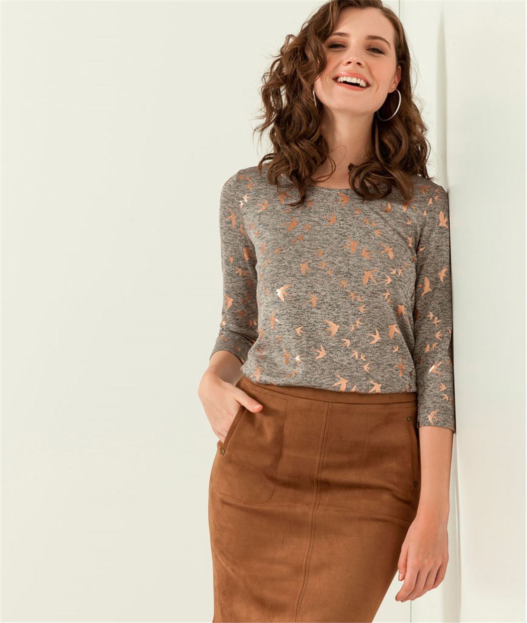 T-shirt femme imprimé oiseaux GRIS