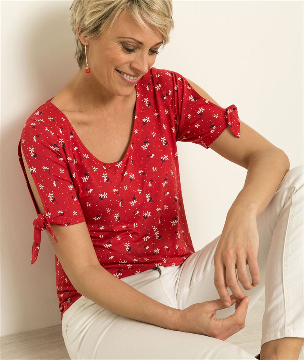 T-shirt femme imprimé manches ouvertes ROUGE