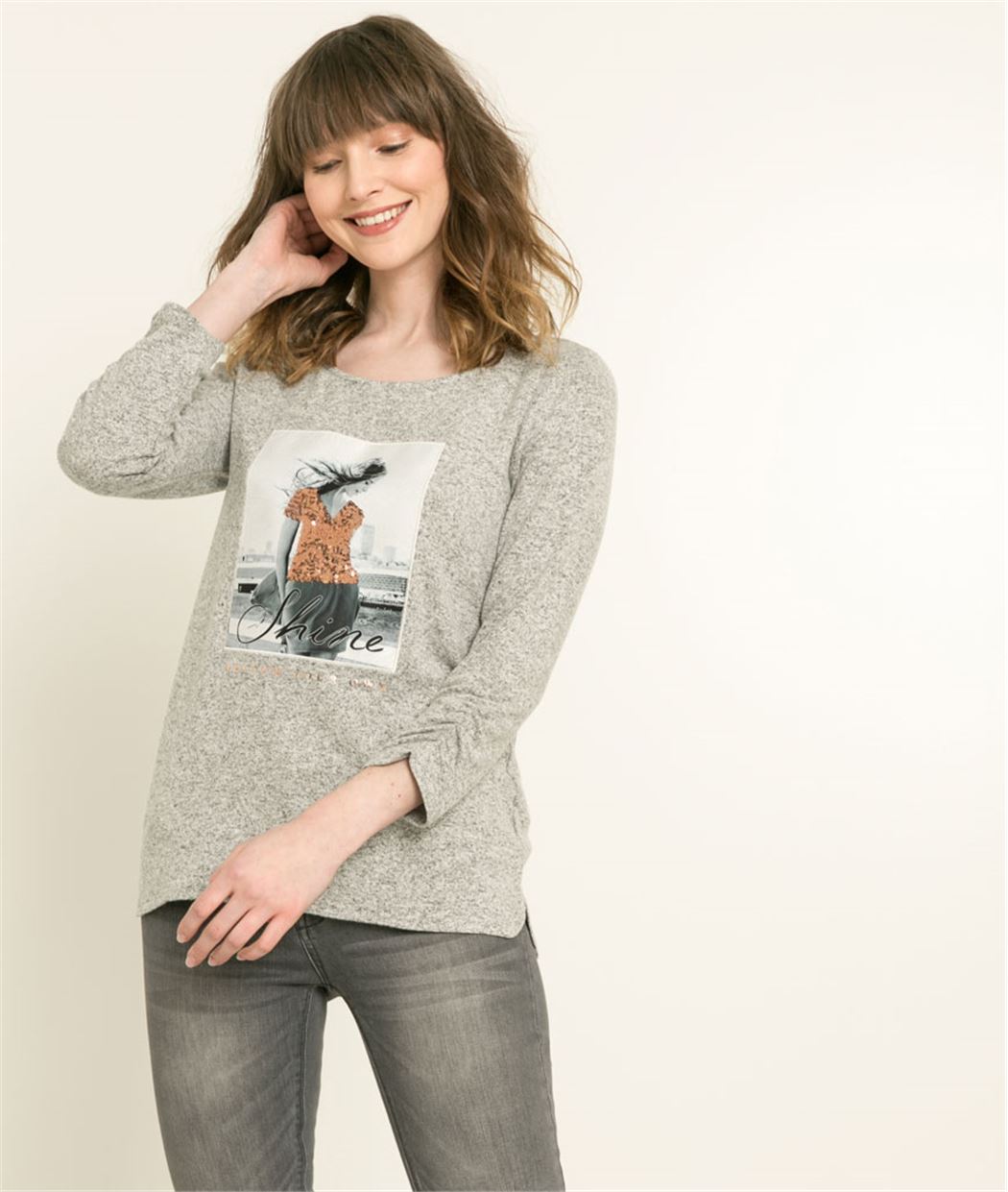 Tshirt femme sequins GRIS MOYEN
