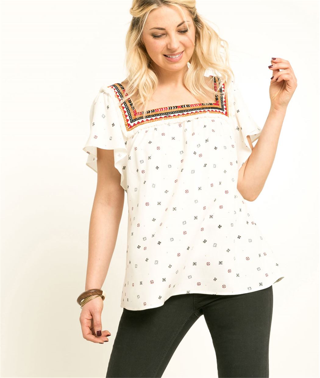Chemisier femme encolure fantaisie ECRU