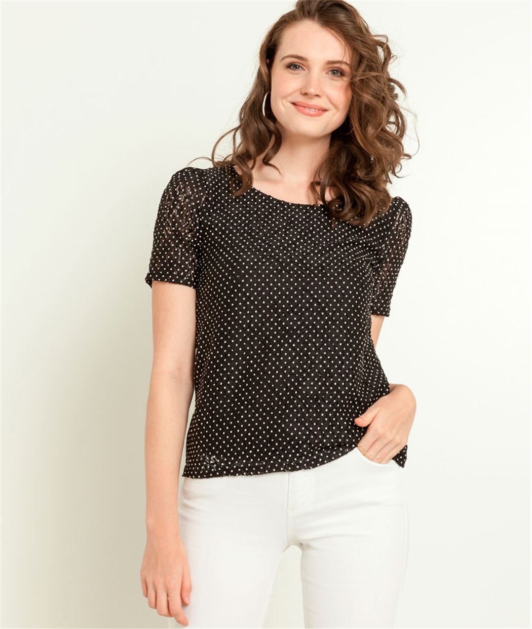 T-shirt femme dentelle imprimé pois NOIR