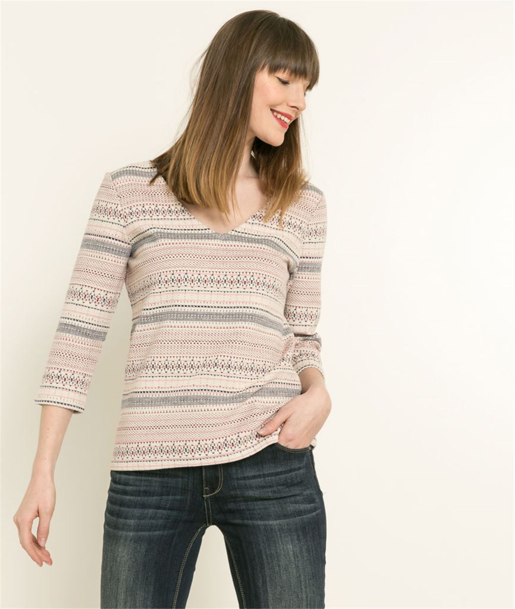 Sweat femme jacquard dos V ECRU
