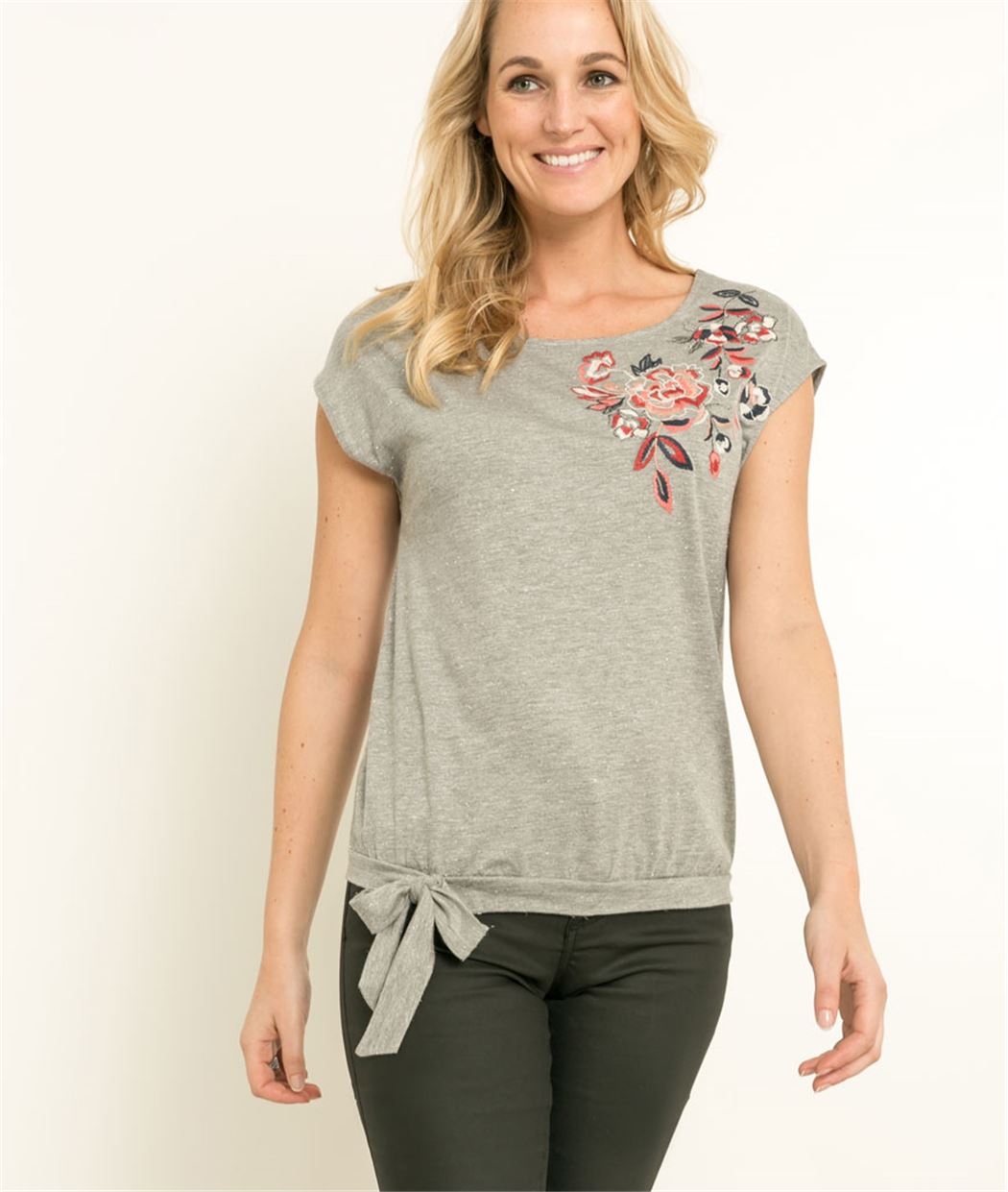 T-shirt femme broderie fleurs GRIS MOYEN