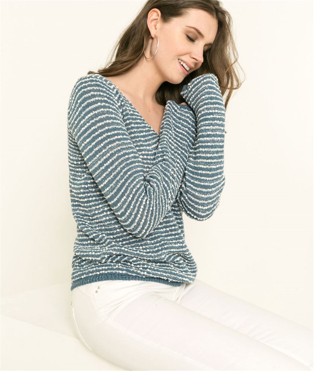 Pull femme maille fantaisie rayé NACRE