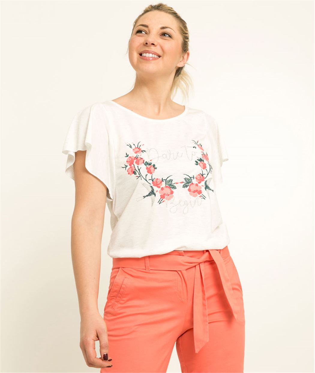 T-shirt femme broderie fleurs ECRU