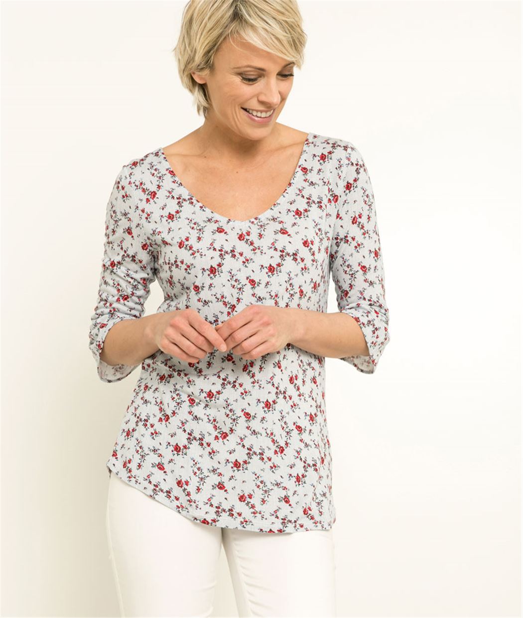 T-shirt femme manches 3/4 imrpimé BLEU