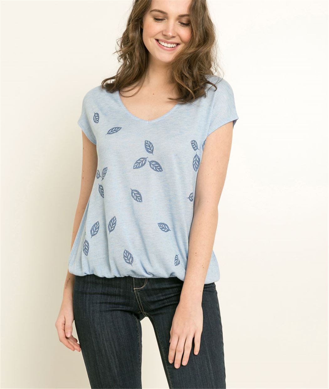 T-shirt femme imprimé motifs feuilles BLEU