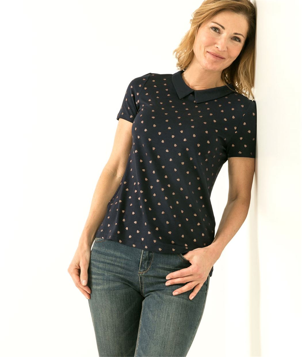 T-shirt femme imprimé et col chemisier MARINE