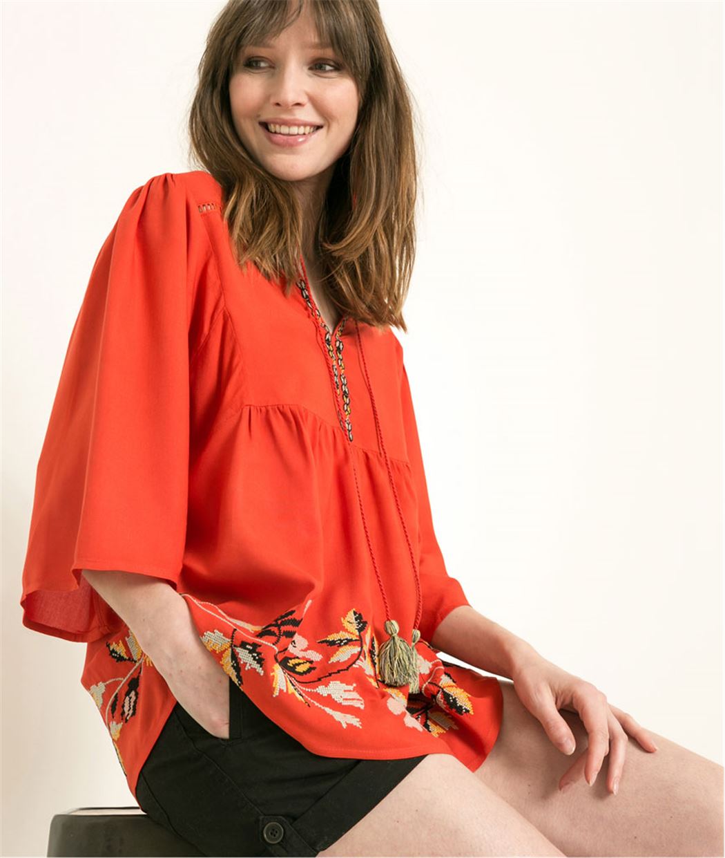 Blouse femme manche 3/4 et broderies PAPRIKA