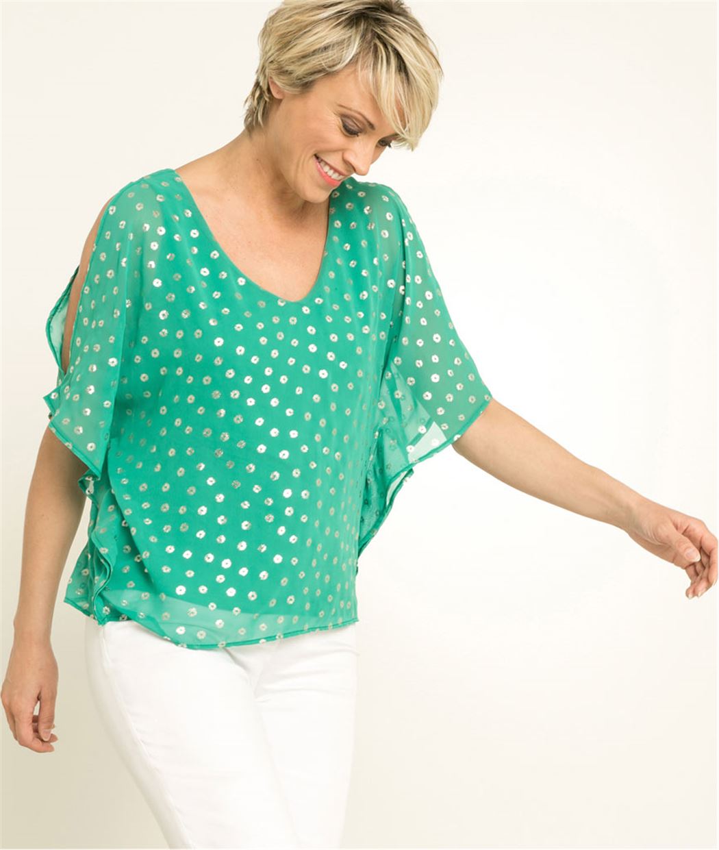 T-shirt femme imprimé et voilage VERT