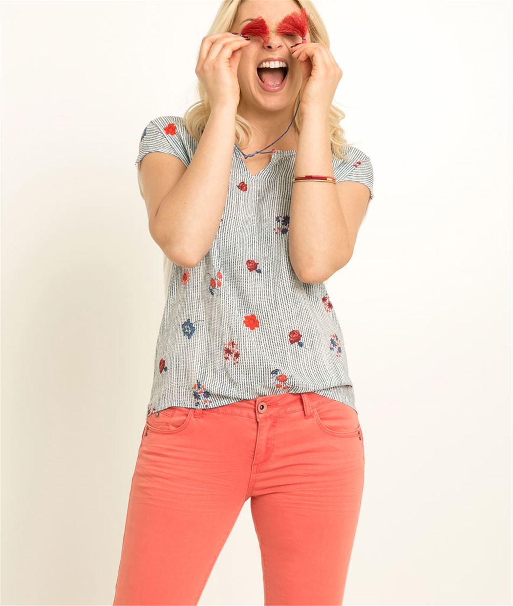 T-shirt femme rayures et fleurs BLEU