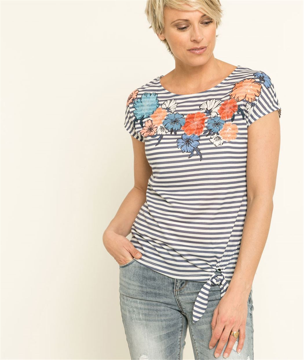 T-shirt femme fleurs et sequins BLANC