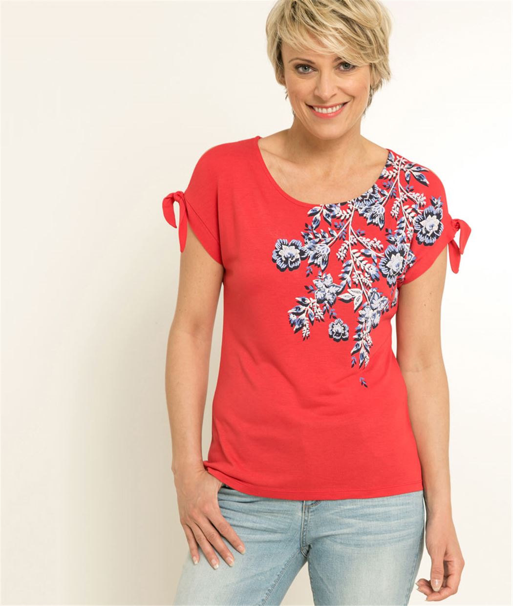 T-shirt femme imprimé motif floral ROUGE
