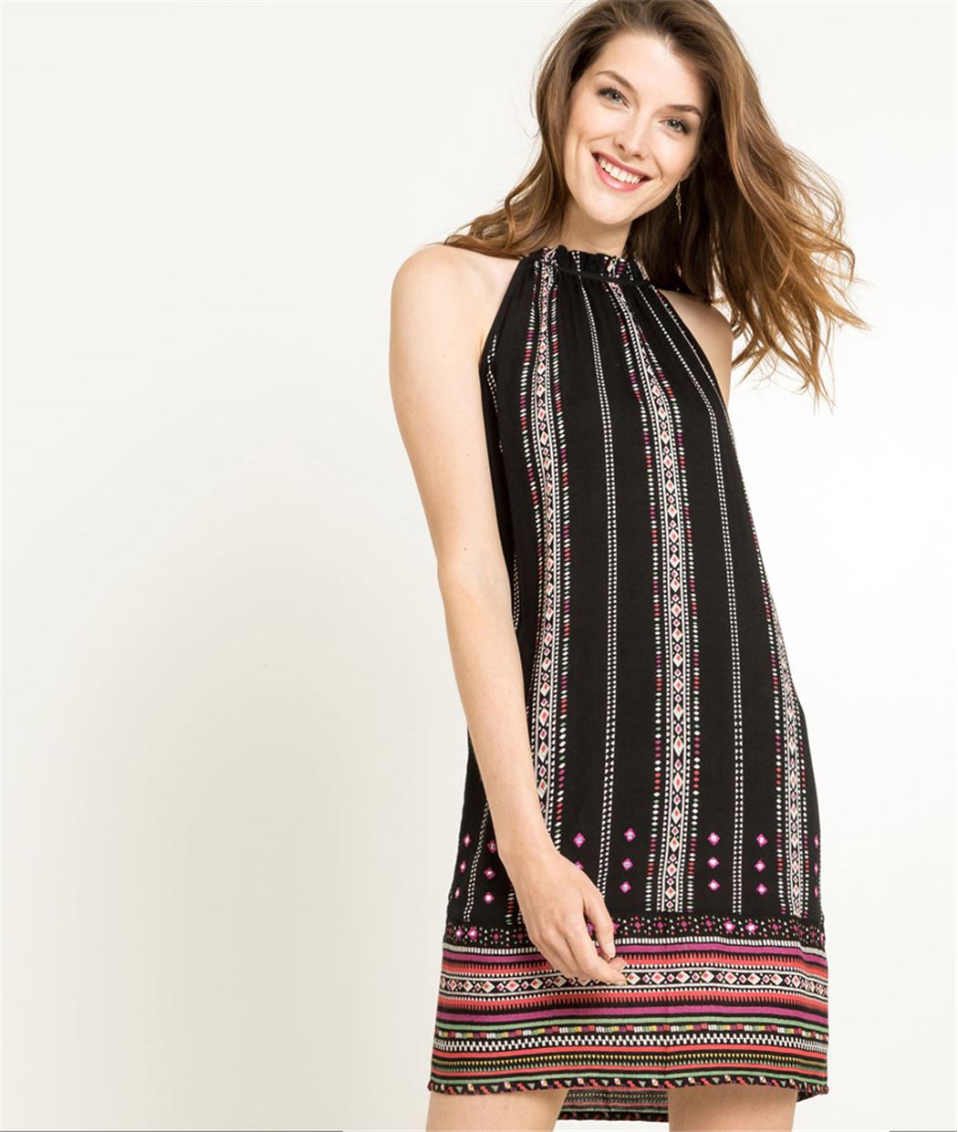 Robe femme à bretelles imprimé éthnique NOIR