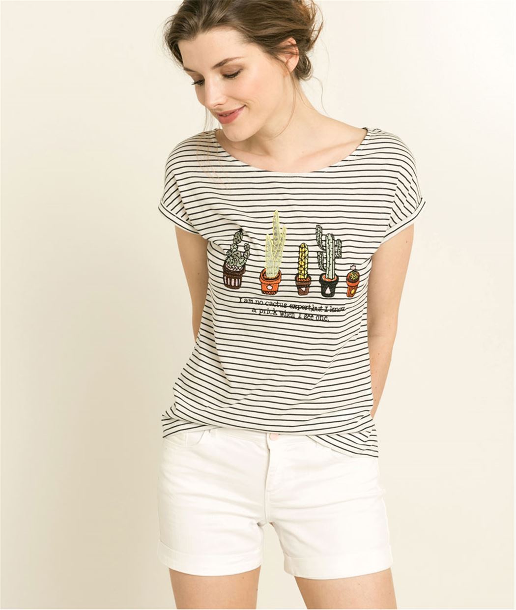 T-shirt femme rayé broderie cactus BLANC