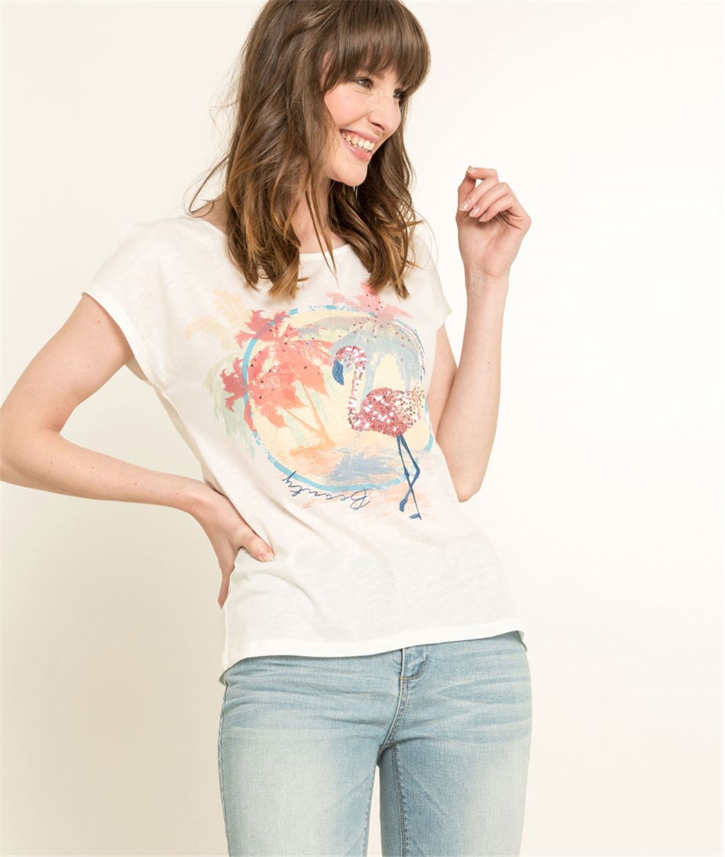 T-shirt femme blanc flamant rose BLANC