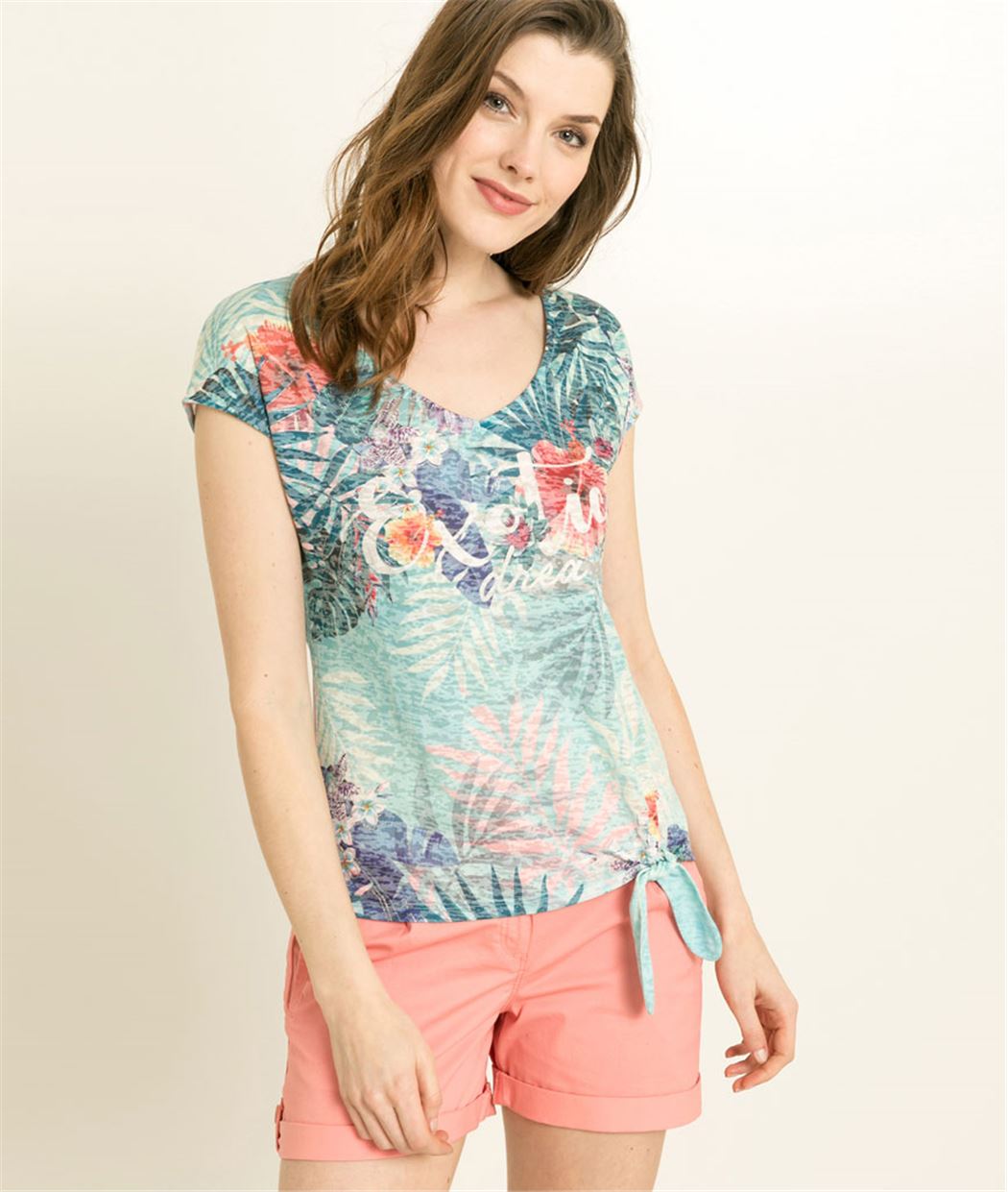 T-shirt femme imprimé exotique TURQUOISE