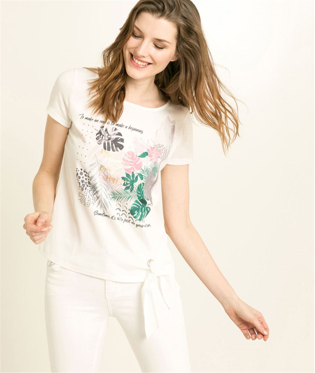 T-shirt femme imprimé bi-matière ECRU