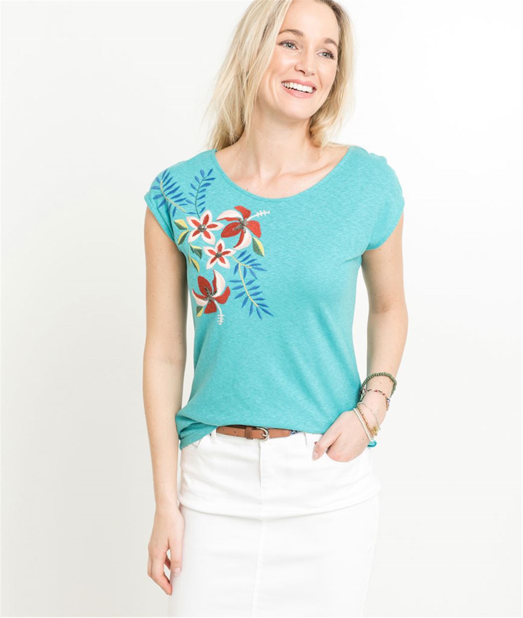 T-shirt femme broderie et corset TURQUOISE