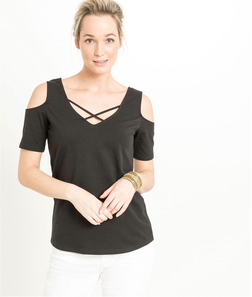 T-shirt femme épaules dénudées NOIR