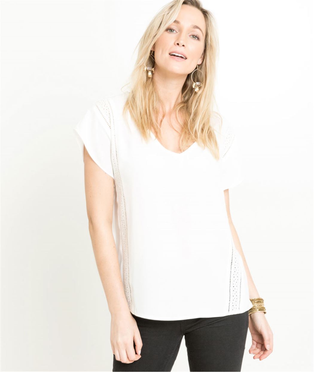 Blouse femme col V et broderies ECRU