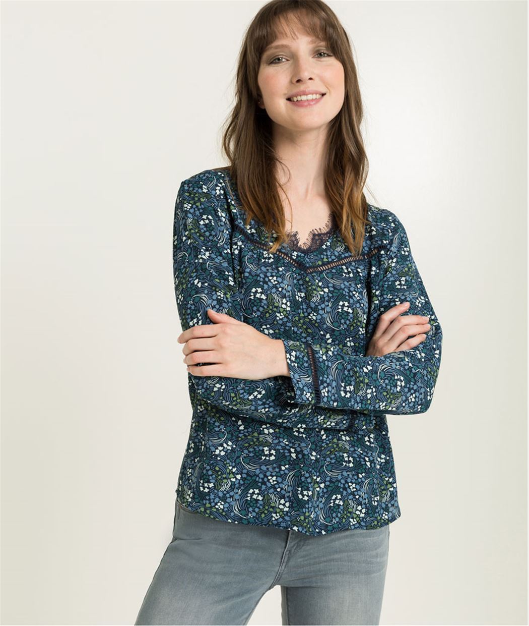 Blouse femme imprimé et dentelle IMP.BLEU - Grain de Malice