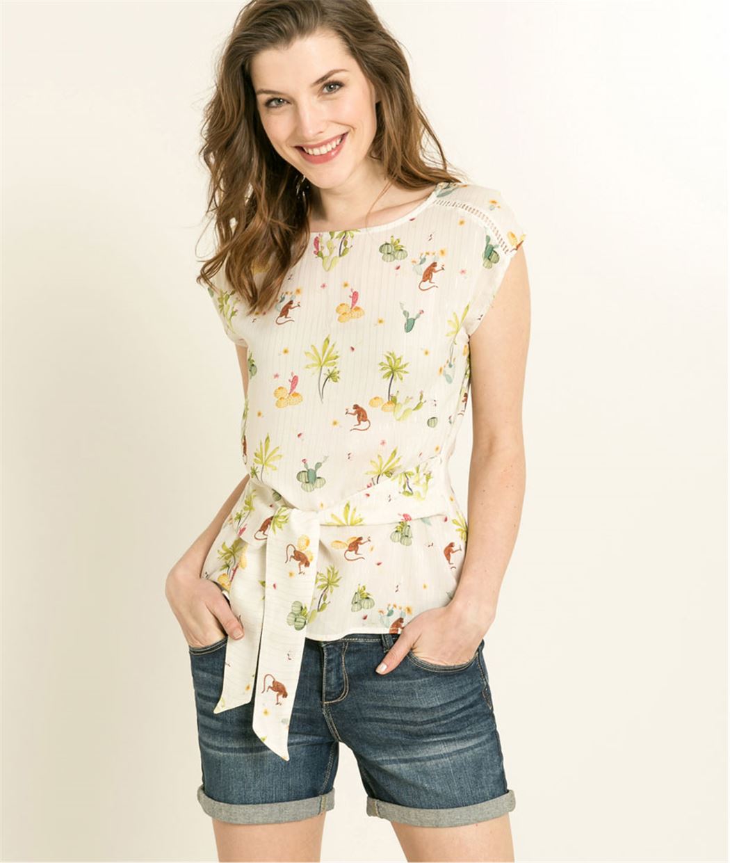 Blouse femme imprimé cactus IMPRIME FOND BEIGE