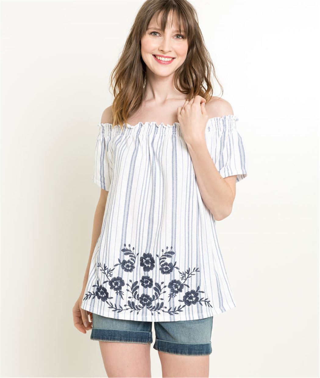 T-shirt femme rayé encolure bardot BLANC