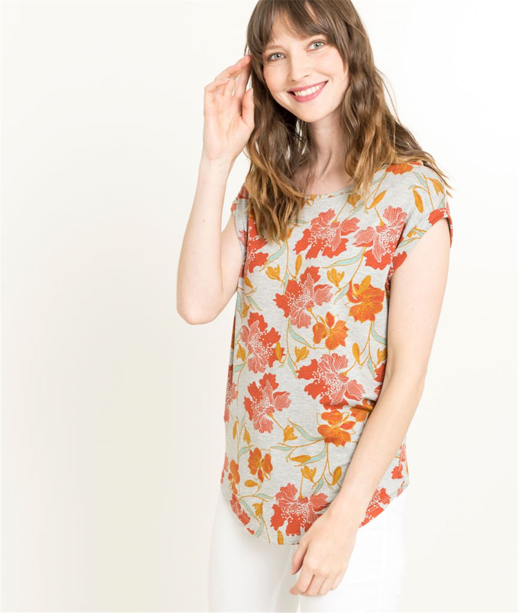 T-shirt femme imprimé fleurs ORANGE
