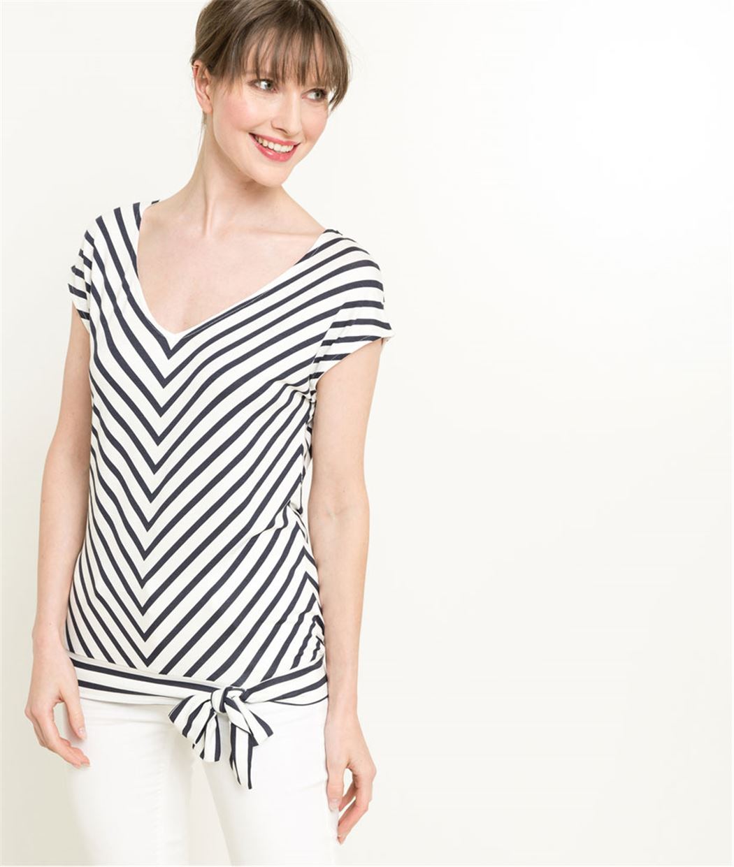 T-shirt femme à rayures et base nouée BLANC