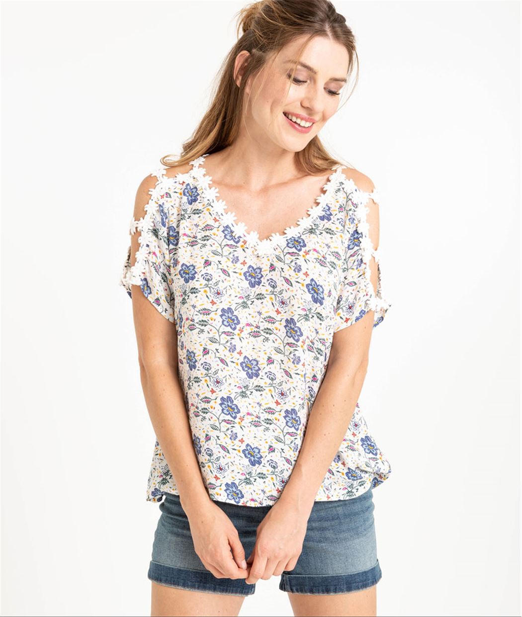 Blouse femme imprimée épaules ouvertes ECRU