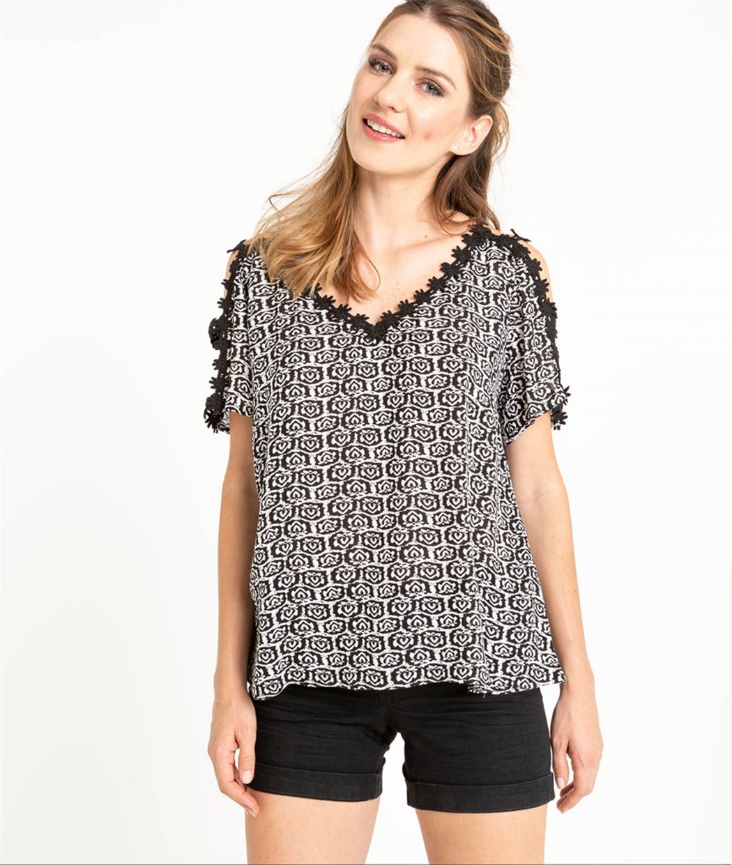Blouse femme imprimée épaules ouvertes NOIR